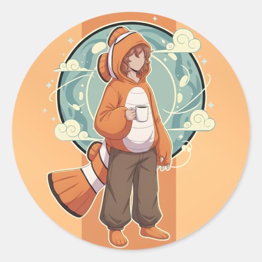 Sticker Rond Cute Anime Boy in Clownfish Costume drinking Coffe (Devant)