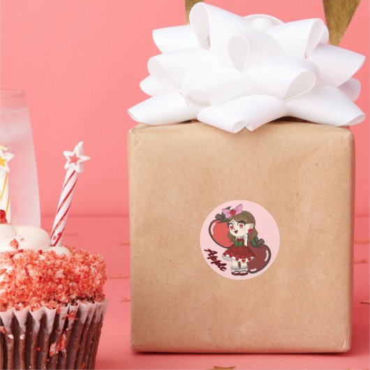 Sticker Rond Cute Apple Theme Chibi with Apple Background (Fête)