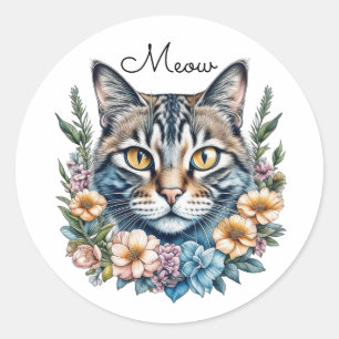 Sticker Rond Cute Aquarelle Chat avec Fleurs
