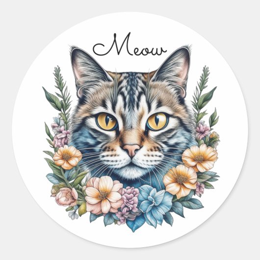 Sticker Rond Cute Aquarelle Chat avec Fleurs (Devant)