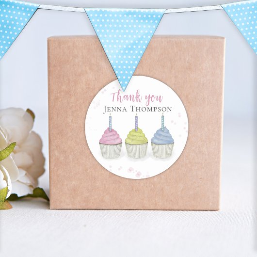 Sticker Rond Cute Aquarelle Cupcakes Whimsical Merci