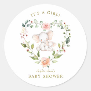 Sticker Rond Cute Aquarelle Elephant Floral Girl Baby shower