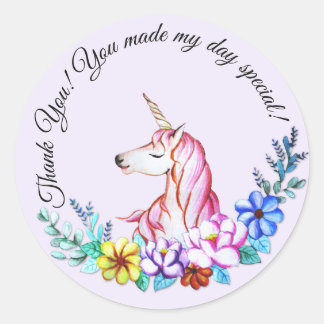 Sticker Rond Cute aquarelle licorne avec fleurs
