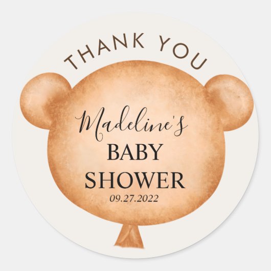 Sticker Rond Cute Aquarelle Ourson Baby shower Merci (Devant)