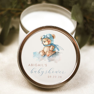 Sticker Rond Cute Aquarelle Teddy Bear Baby shower Garçon bleu