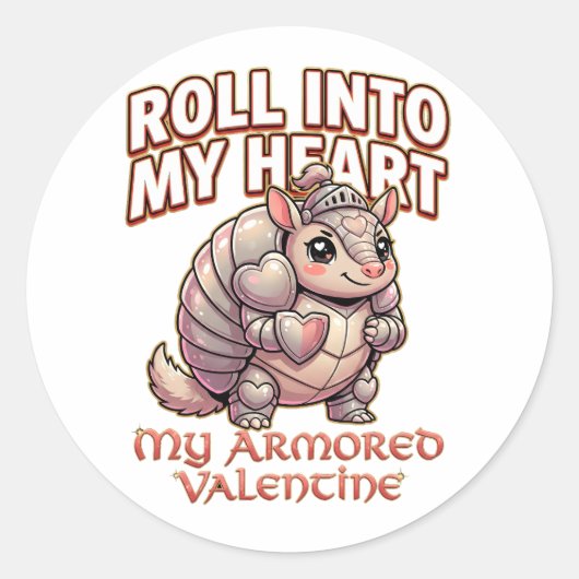 Sticker Rond Cute Armadillo Knight Valentine–Roll Into My Heart (Devant)
