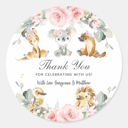 Sticker Rond Cute Australian Animals Rose Floral Vert (Devant)