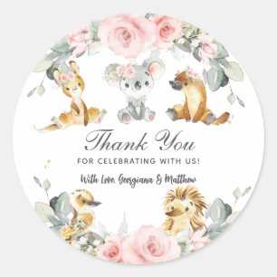 Sticker Rond Cute Australian Animals Rose Floral Vert