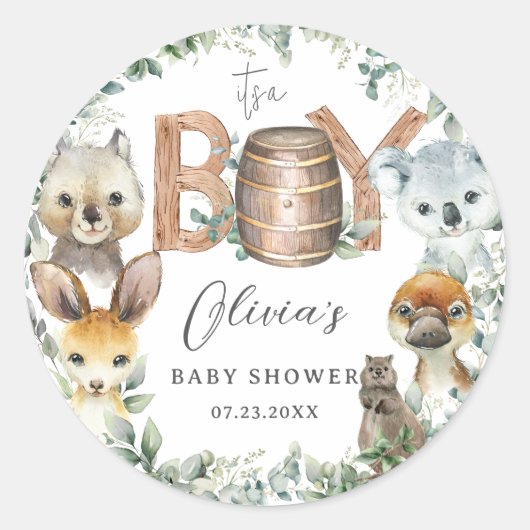 Sticker Rond Cute Australian Animals Verdure Baby shower Garçon (Devant)