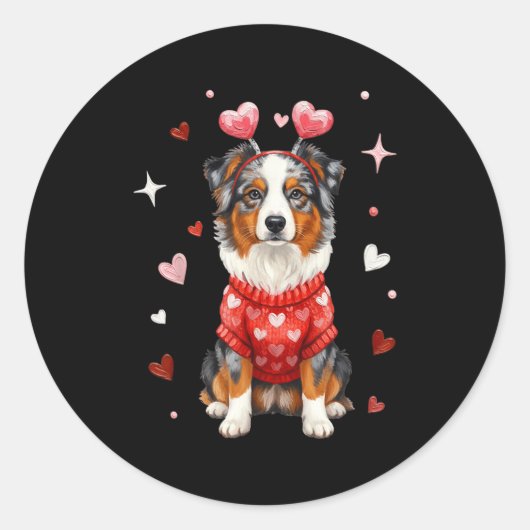 Sticker Rond Cute Australian Shepherd Valentine Heart Valentine (Devant)