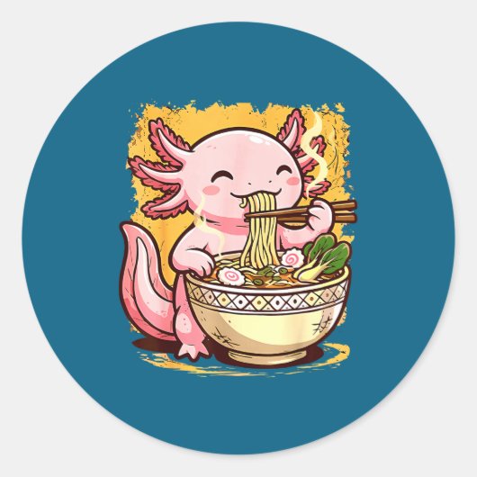 Sticker Rond Cute Axolotl Eats Ramen Noodles Axolotls Ramen (Devant)