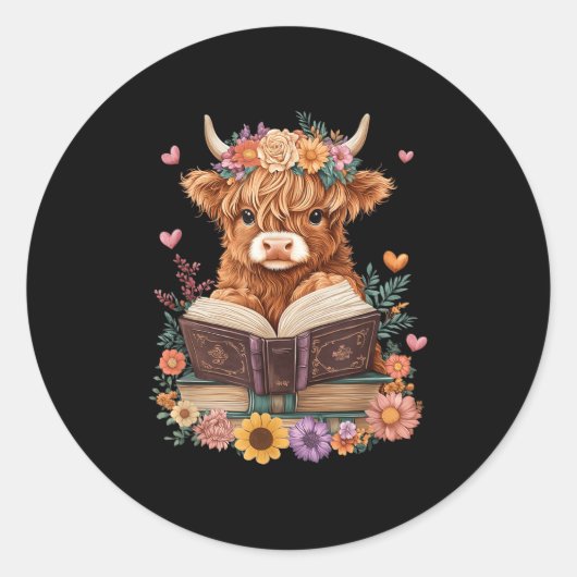 Sticker Rond Cute Baby Highland Vache Lecture Livre Lover Bookw (Devant)