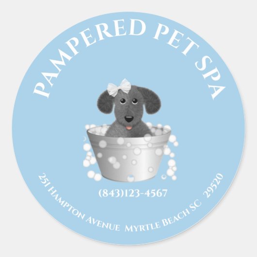 Sticker Rond Cute Baignoire Pet Groomer Adresse (Devant)