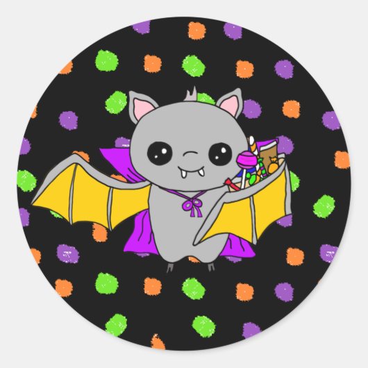 Sticker Rond Cute Bat tenant Halloween Candy (Devant)