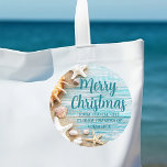 Sticker Rond Cute Beach Company Christmas Seashell Cadeau perso<br><div class="desc">Un autocollant sur mesure pour les vacances d'affaires sur la plage pour une entreprise d'île tropicale. Customisez cet autocollant cadeau de Noël en bois et coquillages bleu turquoise avec votre nom de société balnéaire ou tout autre texte professionnel côtier.</div>