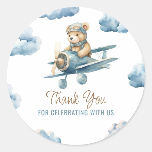 Sticker Rond Cute Bear Avion Blue Boy Baby shower Merci (Devant)