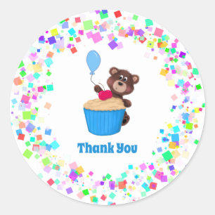 Sticker Rond Cute Bear Cupcake Merci d'anniversaire