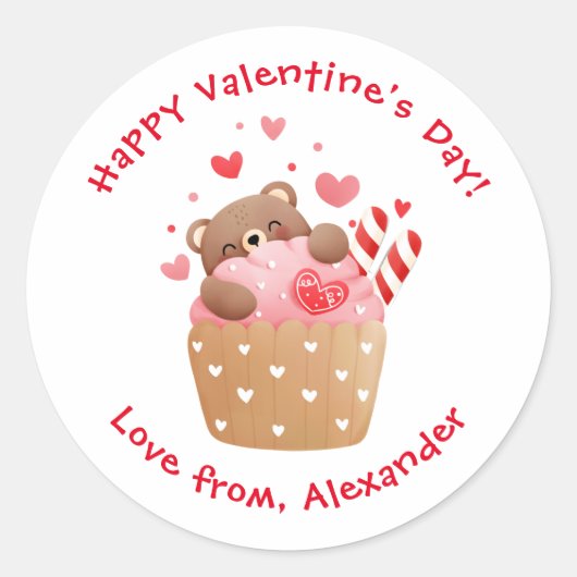 Sticker Rond Cute Bear in Cupcake Custom Kids Saint-Valentin (Devant)