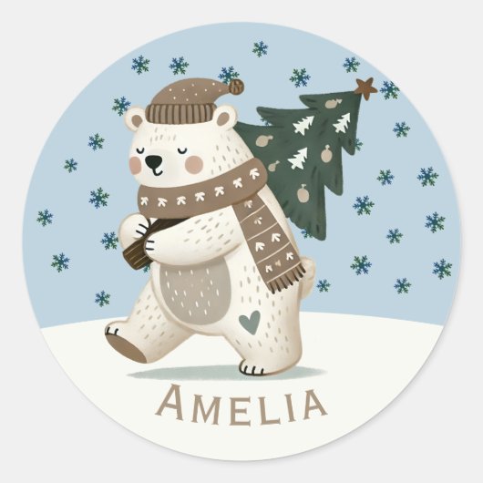Sticker Rond Cute Bear Snowflakes Drawing Name Christmas (Devant)