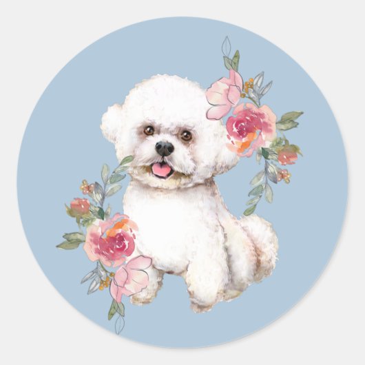 Sticker Rond Cute Bichon Frise avec Fleurs Aquarelle Art (Devant)