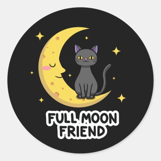 Sticker Rond Cute Black Cat on Moon - Full Moon Friend (Devant)
