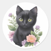 Sticker Rond Cute Black Chat Floral Whimsical (Devant)