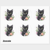 Sticker Rond Cute Black Chat Floral Whimsical (Feuille)