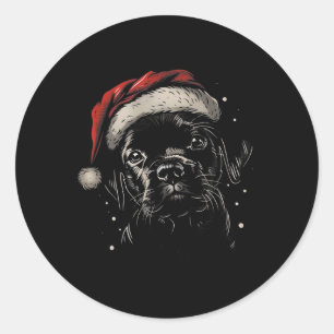 Sticker Rond Cute Black Puppy Lab Santa Hat Xmas Chien Labrador