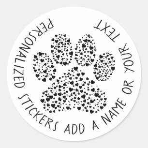 Sticker Rond Cute Black sur le coeur blanc rempli Paw personnal