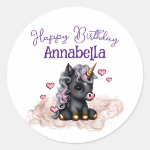 Sticker Rond Cute Black Unicorn Baby and Hearts