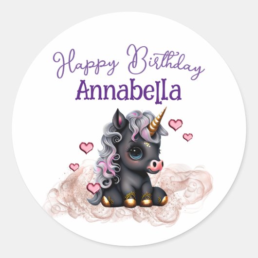 Sticker Rond Cute Black Unicorn Baby and Hearts (Devant)