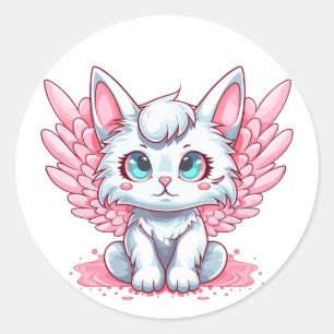 Sticker Rond Cute Blanc Kawaii Kitten avec ailes roses