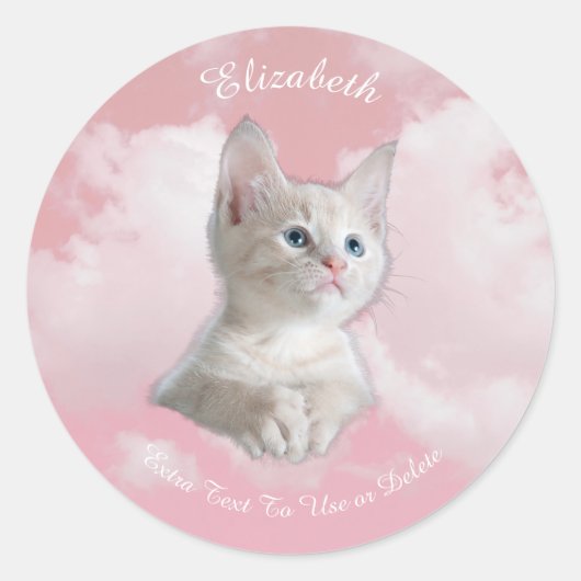 Sticker Rond Cute Blanc Kitten Pink Sky Nuages Nom, Texte suppl (Devant)
