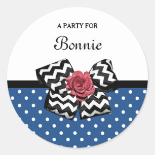 Sticker Rond Cute Bleu Pois Rouge Rose Chevron Bow et nom