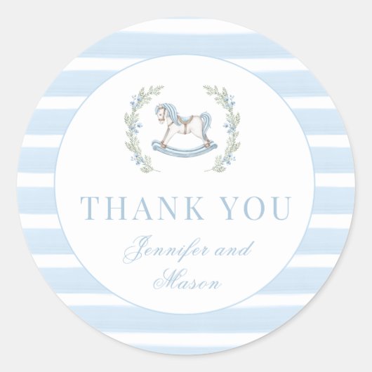 Sticker Rond Cute bleu rocking cheval bébé garçon douche merci (Devant)