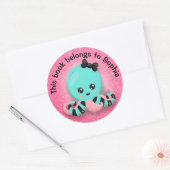 Sticker Rond Cute Bleu Rose Noir rayé Octopus Glitterie rose (Enveloppe)