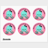 Sticker Rond Cute Bleu Rose Noir rayé Octopus Glitterie rose (Feuille)