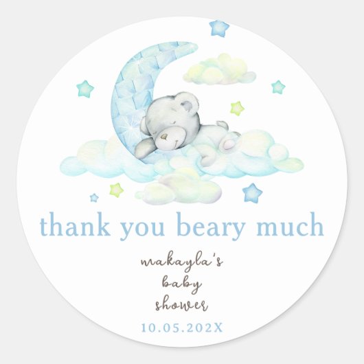 Sticker Rond Cute bleu Teddy Ours Baby shower Merci (Devant)