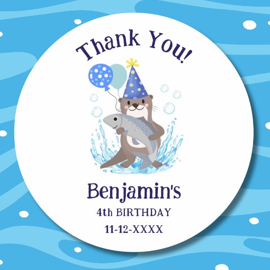 Sticker Rond Cute Blue Boy Sea Otter Anniversaire Merci de fête