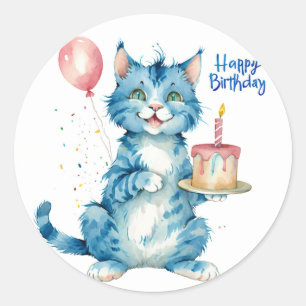 Sticker Rond Cute Blue Chat gâteau d'anniversaire - Anniversair