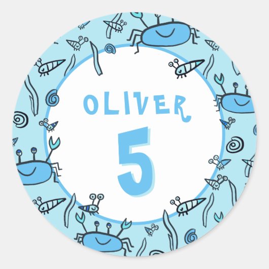 Sticker Rond Cute Blue Crab Sea Animaux Garçon Anniversaire (Devant)