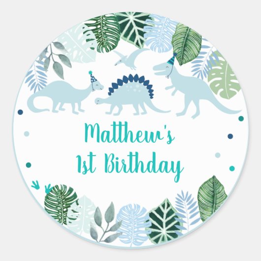 Sticker Rond Cute Blue Dinosaur Safari Anniversaire (Devant)