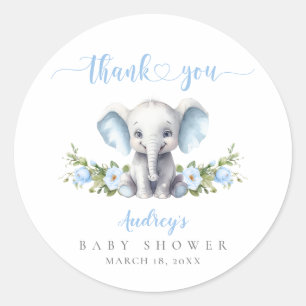 Sticker Rond Cute Blue Elephant Baby Boy Douche Merci
