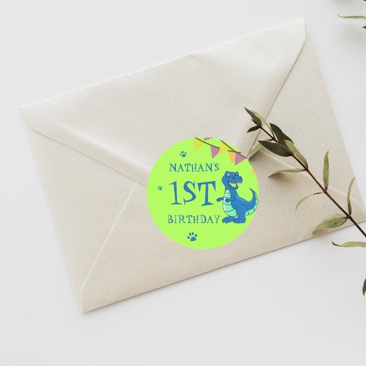 Sticker Rond Cute Blue Green Dinosaur Thème Anniversaire