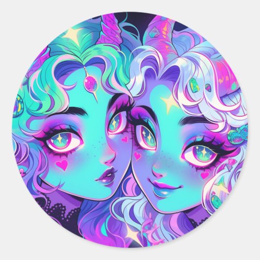 Sticker Rond Cute Blue Horned Alien Twins Anime Girls (Devant)