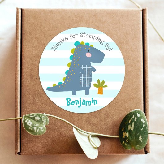 Sticker Rond Cute Blue Kawaii Dinosaur Boy Anniversaire Merci
