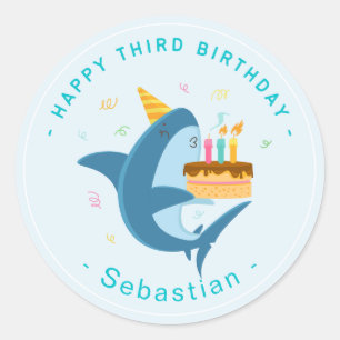 STICKER ROND CUTE BLUE SHARK HEUREUX TROISIÈME ANNIVERSAIRE GAR