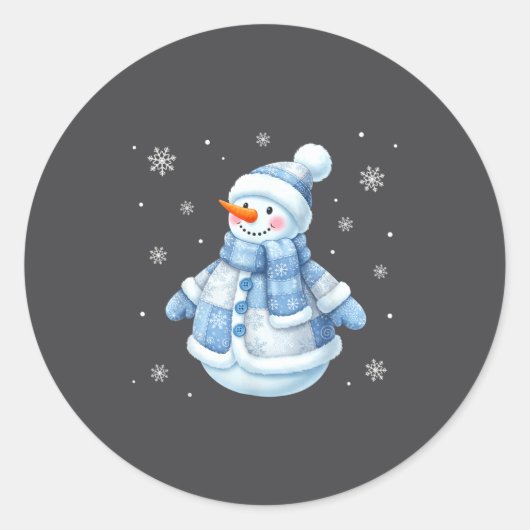 Sticker Rond Cute Blue Snowman With Snowflakes Winter Christmas (Devant)