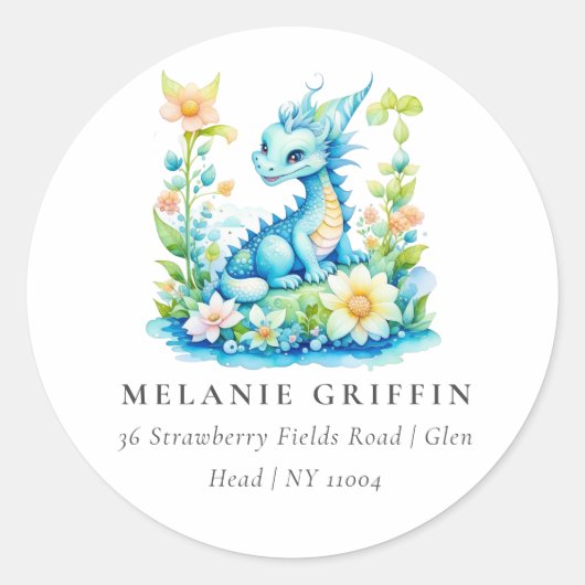 Sticker Rond Cute Blue Turquoise Green Dragon Personnalisé (Devant)