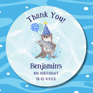 Sticker Rond Cute Blue Water Boy Otter Merci de fête d'annivers